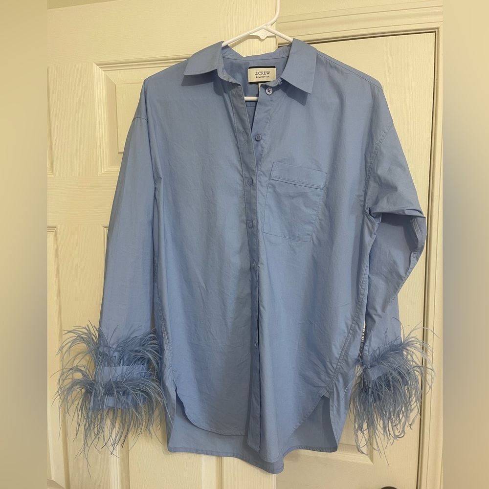 Feather-trim cotton poplin button-up shirt with collar